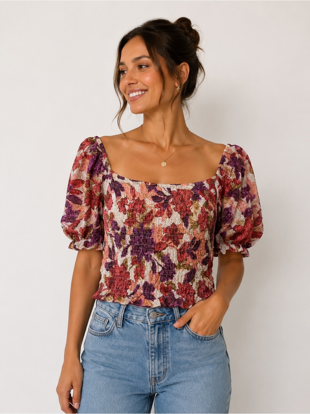 Smocked Floral Puff Sleeve Crop Top Square Neck Cottage core Peasant Boho Size L